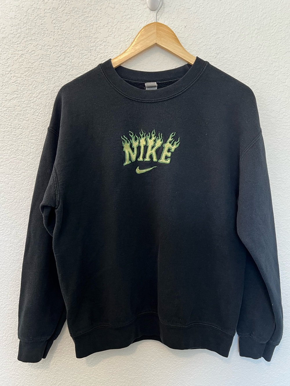Nike Green Flame Embroidered Logo Black Crew Neck Sweater- Size M